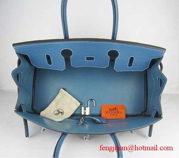 Hermes Birkin 42cm Togo Leather Bag 6109 Blue silver padlock