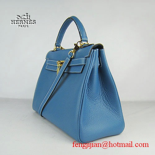 Hermes Kelly 32cm Togo Leather Bag Blue 6108 Gold Hardware