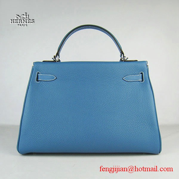 Hermes Kelly 32cm Togo Leather Bag Blue 6108 Silver Hardware